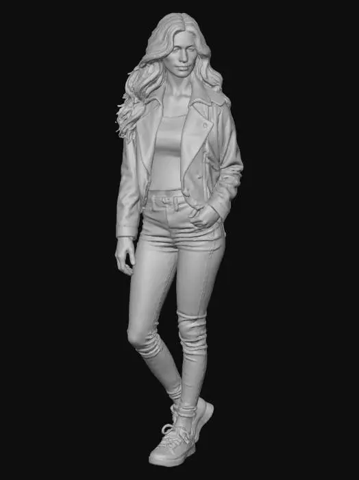 3D model for A highly realistic 3D model of a slim female character in her 20s. She features lifelike facial details with critically accurate, natural nose and eye shapes, complemented by a realistic mouth and flowing hair. She wears a sleek, subtly textured leather jacket, well-fitted blue denim trousers, and modern sporty running shoes with layered materials and distinct tread patterns.