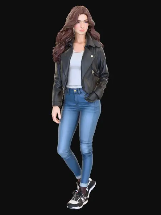 3D model for A highly realistic 3D model of a slim female character in her 20s. She features lifelike facial details with critically accurate, natural nose and eye shapes, complemented by a realistic mouth and flowing hair. She wears a sleek, subtly textured leather jacket, well-fitted blue denim trousers, and modern sporty running shoes with layered materials and distinct tread patterns.