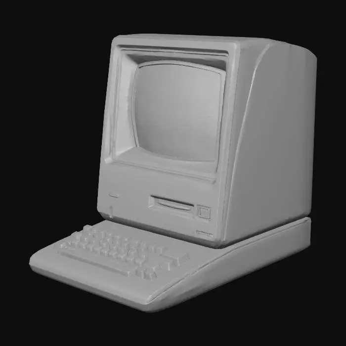 3D model for 질감이 느껴지는 무광 베이지색 플라스틱 본체의 1980년대 빈티지 개인용 컴퓨터. 녹색 단색 디스플레이의 두툼한 CRT 모니터와 찰칵거리는 느낌의 기계식 키보드를 갖추고 있습니다. 키보드는 큼직한 연한 회색 키와 몇 개의 밝은 색상 기능 키로 구성됩니다. 전면에 보이는 플로피 디스크 드라이브 슬롯은 향수를 불러일으키는 레트로 미학을 강조합니다.