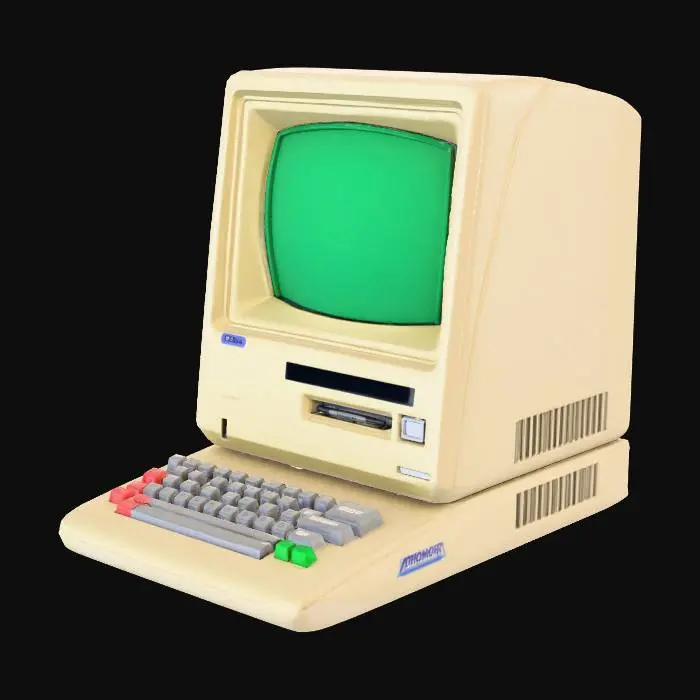 3D model for 질감이 느껴지는 무광 베이지색 플라스틱 본체의 1980년대 빈티지 개인용 컴퓨터. 녹색 단색 디스플레이의 두툼한 CRT 모니터와 찰칵거리는 느낌의 기계식 키보드를 갖추고 있습니다. 키보드는 큼직한 연한 회색 키와 몇 개의 밝은 색상 기능 키로 구성됩니다. 전면에 보이는 플로피 디스크 드라이브 슬롯은 향수를 불러일으키는 레트로 미학을 강조합니다.