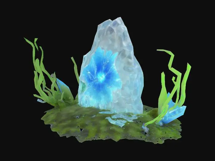 3D model for a 3d fragment of cracked ice crystal floating in mid-air, jagged edge catching light, twisted green stems with moss and lichen, translucent blue flower, small imperfect crystal fragment, soft diffused lightning, photorealistic render, octane render, cinema 4d