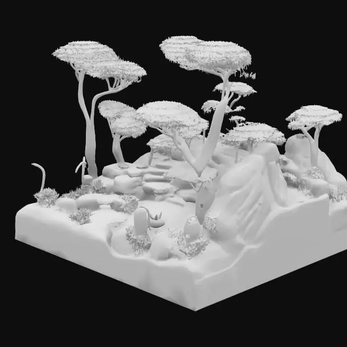 3D model for Design an awe-inspiring 3D garden: a hidden sanctuary beneath a radiant crystalline dome bathed in golden hour light. Towering bioluminescent trees with shimmering, translucent leaves form glowing canopies overhead. A majestic waterfall cascades into a levitating, lotus-shaped pool, surrounded by floating stones and vibrant, surreal blooms. Ethereal flora and animated fauna dance amid swirling mist, while twin moons and twilight sky complete this cinematic dreamlike paradise of wonder and magic.