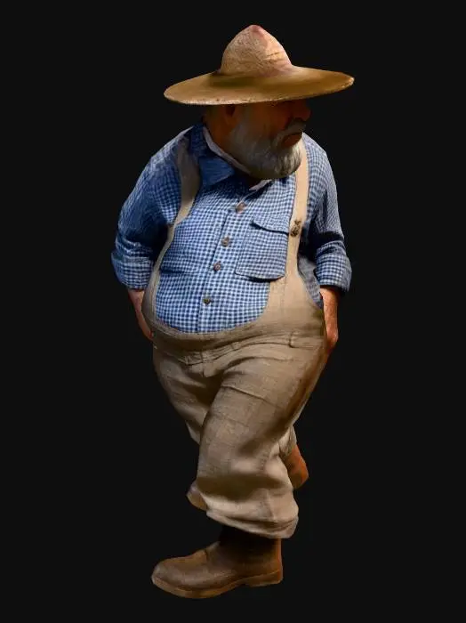 3D model for Ein robuster Bauer in einfacher Arbeitskleidung, bestehend aus einer groben, leinenartigen Hose und einem karierten Hemd mit hochgekrempelten Ärmeln. Sein Gesicht ist wettergegerbt und von feinen Falten durchzogen, was seinen fleißigen Ausdruck unterstreicht. Er trägt einen Strohhut, der Schatten auf sein freundliches, aber ernstes Gesicht wirft. Die Hände sind groß und kräftig. Seine Statur ist breit und stabil, mit einer leicht vornübergebeugten Haltung, die seine jahrelange Arbeit auf dem Feld widerspiegelt.