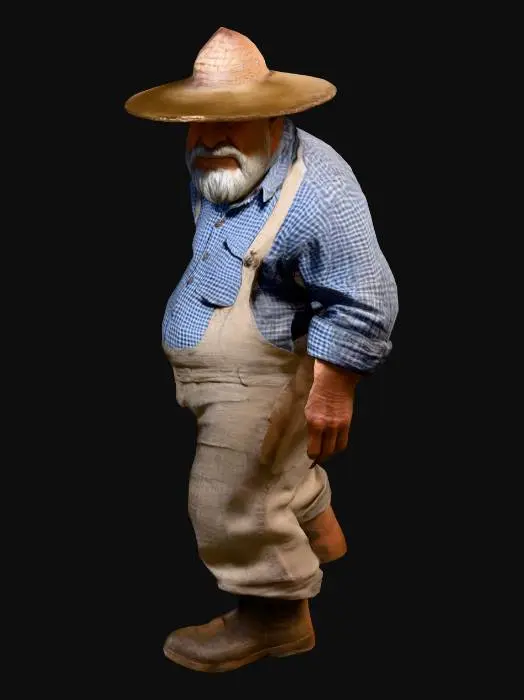 3D model for Ein robuster Bauer in einfacher Arbeitskleidung, bestehend aus einer groben, leinenartigen Hose und einem karierten Hemd mit hochgekrempelten Ärmeln. Sein Gesicht ist wettergegerbt und von feinen Falten durchzogen, was seinen fleißigen Ausdruck unterstreicht. Er trägt einen Strohhut, der Schatten auf sein freundliches, aber ernstes Gesicht wirft. Die Hände sind groß und kräftig. Seine Statur ist breit und stabil, mit einer leicht vornübergebeugten Haltung, die seine jahrelange Arbeit auf dem Feld widerspiegelt.