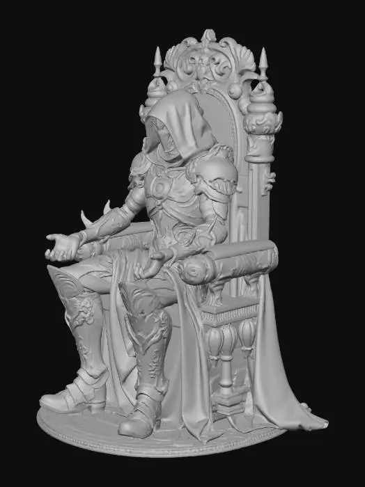 3D model for Ein mächtiger, mystischer Krieger sitzt auf einem dunklen, kunstvoll verzierten Thron aus Stein und Metall. Die Figur erinnert stark an eine Fusion aus Iron Man und Doctor Doom.

Der Körper ist vollständig von einer rot-goldenen High-Tech-Rüstung bedeckt. In der Brust leuchtet ein hellblauer, kreisförmiger Energiekern (ähnlich einem Arc-Reactor), der die Umgebung leicht erhellt. Die Rüstung wirkt schwer, massiv und königlich, mit scharfen Kanten und feinen Gravuren.

Der Helm ist geschlossen, das Gesicht verborgen. Die Augen glühen intensiv blau, was der Figur einen kalten, übermächtigen Blick verleiht. Über dem Helm trägt der Krieger eine dunkelgrüne Kapuze, die bis über die Schultern fällt und einen langen Umhang bildet.

Beide Hände sind nach vorne geöffnet. Aus den Handflächen lodern o