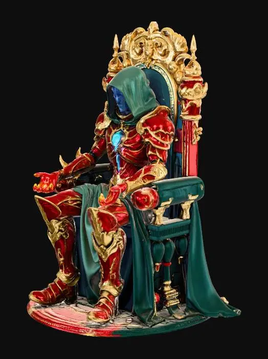 3D model for Ein mächtiger, mystischer Krieger sitzt auf einem dunklen, kunstvoll verzierten Thron aus Stein und Metall. Die Figur erinnert stark an eine Fusion aus Iron Man und Doctor Doom.

Der Körper ist vollständig von einer rot-goldenen High-Tech-Rüstung bedeckt. In der Brust leuchtet ein hellblauer, kreisförmiger Energiekern (ähnlich einem Arc-Reactor), der die Umgebung leicht erhellt. Die Rüstung wirkt schwer, massiv und königlich, mit scharfen Kanten und feinen Gravuren.

Der Helm ist geschlossen, das Gesicht verborgen. Die Augen glühen intensiv blau, was der Figur einen kalten, übermächtigen Blick verleiht. Über dem Helm trägt der Krieger eine dunkelgrüne Kapuze, die bis über die Schultern fällt und einen langen Umhang bildet.

Beide Hände sind nach vorne geöffnet. Aus den Handflächen lodern o