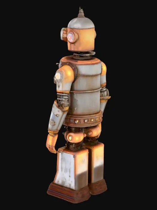 3D model for A steampunk-style humanoid robot built from an old cylindrical boiler, with round pressure gauges, exposed pipes, and glowing incandescent bulbs. Its body should look metallic, slightly rusty, with worn edges and bolts. The robot has a domed head releasing small puffs of steam, glowing round eyes, and one hand holding a vintage light bulb. The design should be realistic, industrial, and mechanical, with a weathered look like an old machine. Materials: aged steel, brass, and copper, with visible rivets and joints