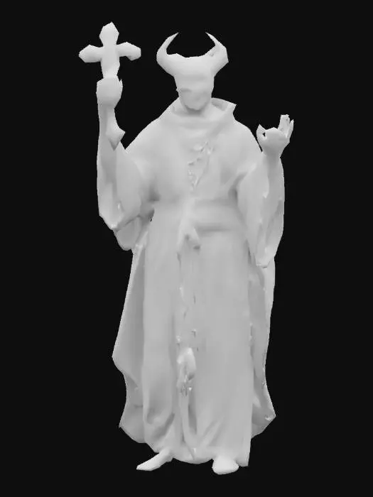 3D model for A male priest in scorched robes, cracked skin with demonic runes glowing beneath, one eye bleeding black tears, the other pure white, holding a twisted crucifix, long fingernails like claws, expression torn between agony and fear