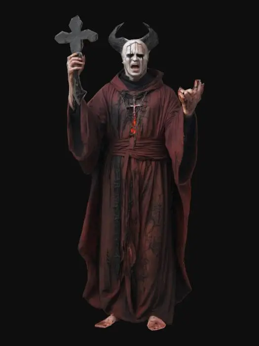 3D model for A male priest in scorched robes, cracked skin with demonic runes glowing beneath, one eye bleeding black tears, the other pure white, holding a twisted crucifix, long fingernails like claws, expression torn between agony and fear