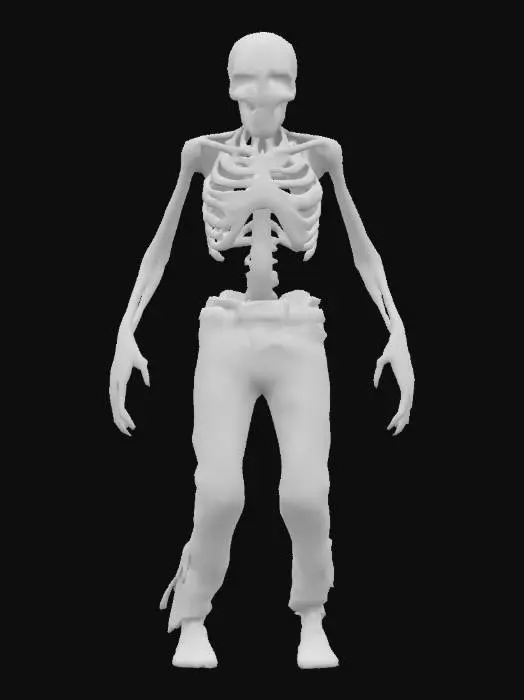3D model for Classic Zombie, A decaying humanoid zombie with missing patches of skin, exposed ribcage, broken jaw hanging loosely, cloudy eyes, disjointed limbs, dragging one foot, dressed in moldy civilian clothes from the 80s, set in an overgrown suburban street