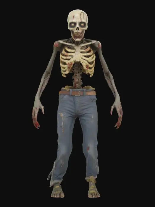 3D model for Classic Zombie, A decaying humanoid zombie with missing patches of skin, exposed ribcage, broken jaw hanging loosely, cloudy eyes, disjointed limbs, dragging one foot, dressed in moldy civilian clothes from the 80s, set in an overgrown suburban street