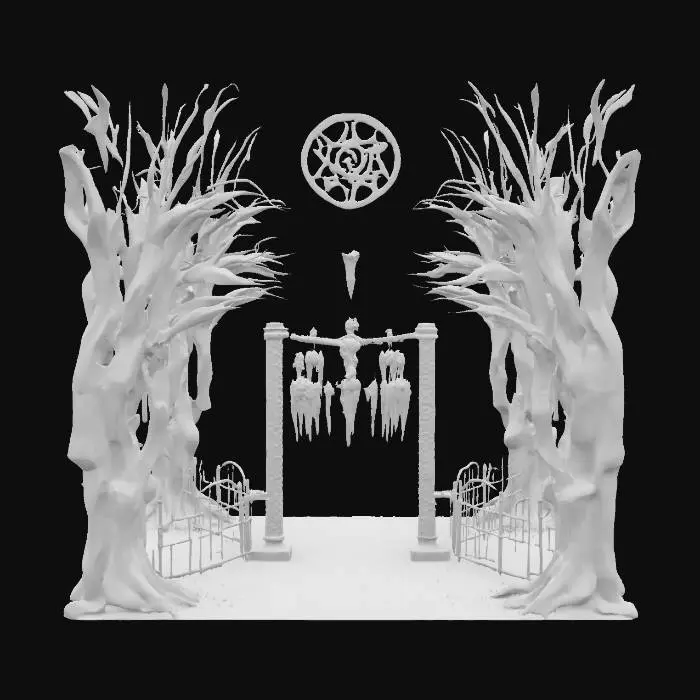 3D model for horror thriller druid arch of dead trees with hanging corpses, Celtic gateway to hell, #arch#