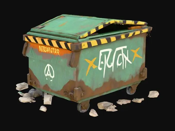 3D model for A stylized 3D dumpster designed for a spooky urban delivery game. The dumpster should be medium-sized with exaggerated proportions—rounded edges, oversized lid, and a slightly cartoonish silhouette. Include worn textures like rust patches, faded paint, and graffiti. The lid should be hinged or slightly ajar, with optional glowing residue, mysterious symbols, or cursed objects peeking out. Add subtle environmental details like scattered trash, broken wheels, or caution tape. The color palette should lean toward dark greens, browns, or grays with eerie accent lighting. Designed for third-person gameplay with clean topology and animation-ready geometry.