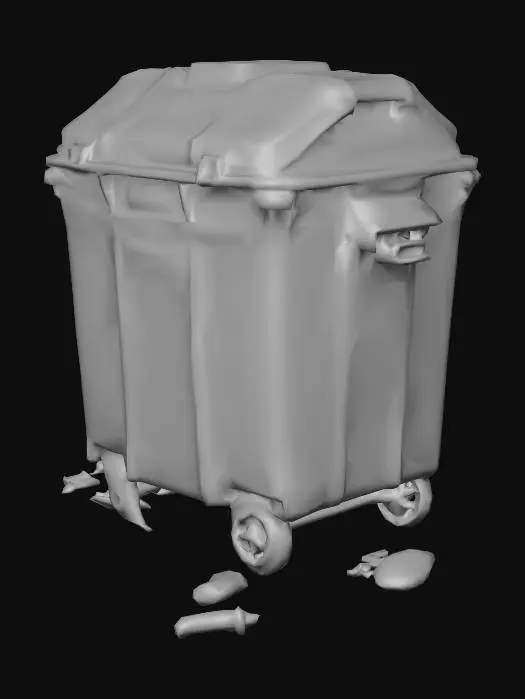 3D model for A stylized 3D dumpster designed for a spooky urban delivery game. The dumpster should be medium-sized with exaggerated proportions—rounded edges, oversized lid, and a slightly cartoonish silhouette. Include worn textures like rust patches, faded paint, and graffiti. The lid should be hinged or slightly ajar, with optional glowing residue, mysterious symbols, or cursed objects peeking out. Add subtle environmental details like scattered trash, broken wheels, or caution tape. The color palette should lean toward dark greens, browns, or grays with eerie accent lighting. Designed for third-person gameplay with clean topology and animation-ready geometry.