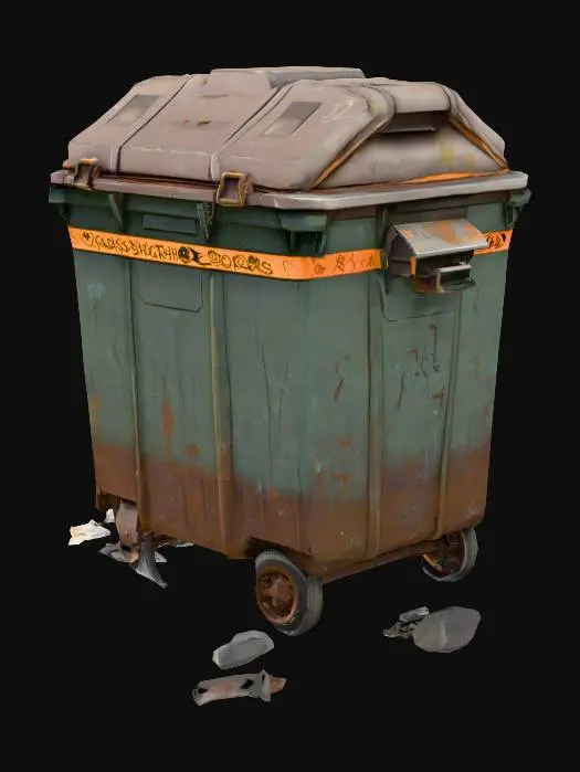 3D model for A stylized 3D dumpster designed for a spooky urban delivery game. The dumpster should be medium-sized with exaggerated proportions—rounded edges, oversized lid, and a slightly cartoonish silhouette. Include worn textures like rust patches, faded paint, and graffiti. The lid should be hinged or slightly ajar, with optional glowing residue, mysterious symbols, or cursed objects peeking out. Add subtle environmental details like scattered trash, broken wheels, or caution tape. The color palette should lean toward dark greens, browns, or grays with eerie accent lighting. Designed for third-person gameplay with clean topology and animation-ready geometry.