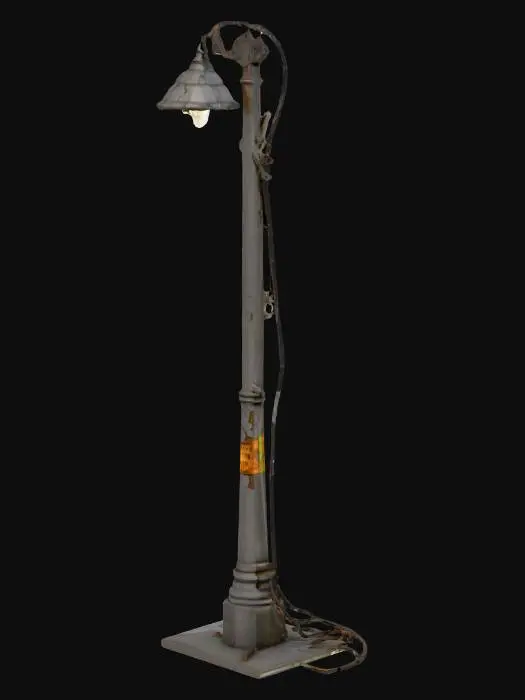 3D model for A stylized 3D broken streetlight asset designed for a spooky urban delivery game. The pole should be bent, rusted, or cracked—suggesting long-term decay or supernatural damage. The lamp head should hang loosely or be shattered, with exposed wires, flickering bulbs, or glowing residue. Include optional environmental details like broken glass on the ground, faded warning tape, or cursed glyphs etched into the base. Use a dark, moody palette—grimy gray, rusted brown, and faint neon glow accents. Designed for third-person gameplay with clean topology and animation-ready geometry.