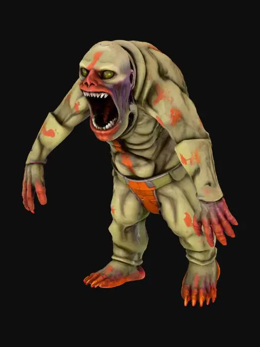 3D model for A stylized 3D humanoid monster named The Mimic, designed for a spooky urban delivery game. The creature should have a shape-shifting silhouette—able to contort into the form of a package, mailbox, or NPC. In its revealed form, it should appear grotesquely humanoid: elongated limbs, warped facial features, and patchwork textures resembling cardboard, metal, or clothing. Include eerie visual cues like flickering skin patterns, glowing glyphs, or twitching appendages that hint at its disguise-breaking transformation. Use a muted, supernatural palette—grimy browns, rusted reds, and shadowy grays—with glowing accents that react to UV light. Optional details: barcode tattoos, distorted delivery logos, or twitching limbs emerging from disguise forms. Designed for third-person gameplay