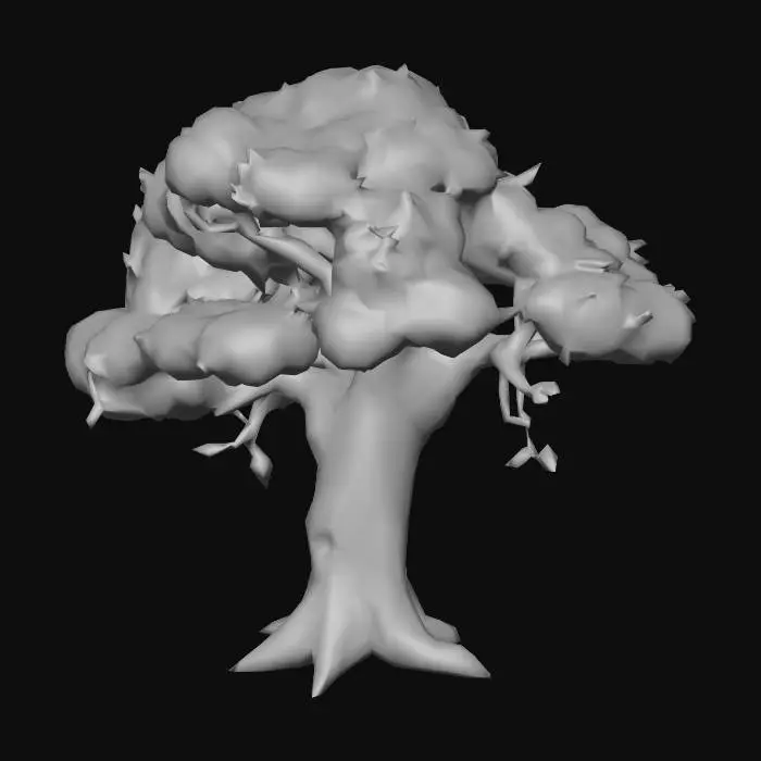 3D model for A stylized 3D cartoon tree designed for a cheerful urban delivery game in daytime mode. The tree should have a smooth, rounded trunk with a warm brown bark and a full, puffy canopy of bright green leaves. The silhouette should be exaggerated and readable from a distance, with playful proportions and minimal fine detail. Include subtle accents like knots, low-hanging branches, or a few scattered leaves on the ground. The style should match a casual, friendly game environment—ideal for third-person gameplay with clean topology and animation-ready geometry.