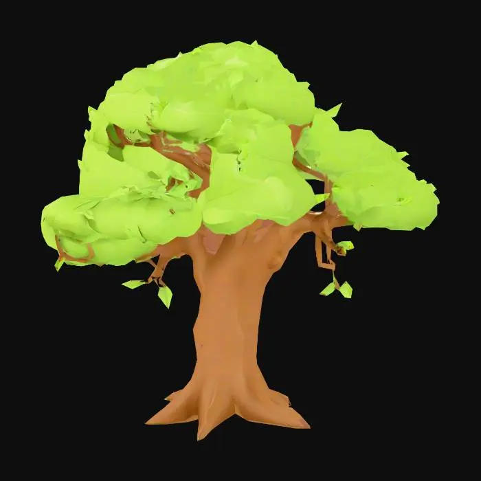 3D model for A stylized 3D cartoon tree designed for a cheerful urban delivery game in daytime mode. The tree should have a smooth, rounded trunk with a warm brown bark and a full, puffy canopy of bright green leaves. The silhouette should be exaggerated and readable from a distance, with playful proportions and minimal fine detail. Include subtle accents like knots, low-hanging branches, or a few scattered leaves on the ground. The style should match a casual, friendly game environment—ideal for third-person gameplay with clean topology and animation-ready geometry.