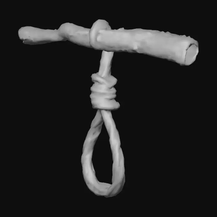 3D model for A stylized 3D noose trap designed as a suspended hazard for a spooky urban delivery game. The trap should feature a thick, exaggerated rope loop hanging from a bent streetlight, cracked ceiling beam, or twisted tree branch. Include visual cues like frayed rope fibers, glowing glyphs, or cursed symbols etched into the anchor point. The noose should be slightly animated—swaying gently or twitching ominously—and positioned to drop or tighten when the player passes beneath. Use a muted, supernatural palette (dark brown, gray, or sickly green) with optional accents like glowing residue, ambient fog, or blood stains. Designed for third-person gameplay with clean topology and animation-ready geometry.