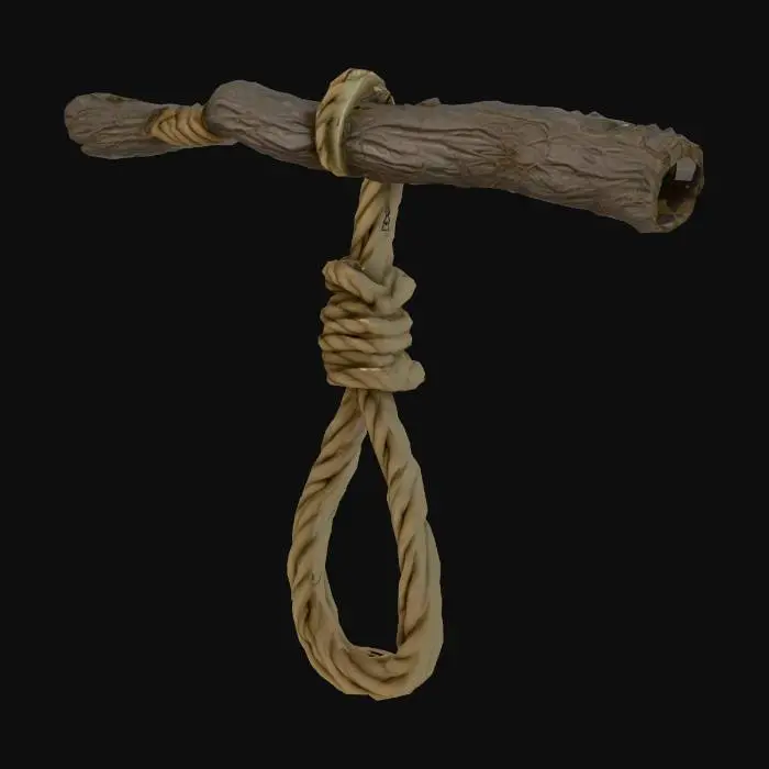 3D model for A stylized 3D noose trap designed as a suspended hazard for a spooky urban delivery game. The trap should feature a thick, exaggerated rope loop hanging from a bent streetlight, cracked ceiling beam, or twisted tree branch. Include visual cues like frayed rope fibers, glowing glyphs, or cursed symbols etched into the anchor point. The noose should be slightly animated—swaying gently or twitching ominously—and positioned to drop or tighten when the player passes beneath. Use a muted, supernatural palette (dark brown, gray, or sickly green) with optional accents like glowing residue, ambient fog, or blood stains. Designed for third-person gameplay with clean topology and animation-ready geometry.