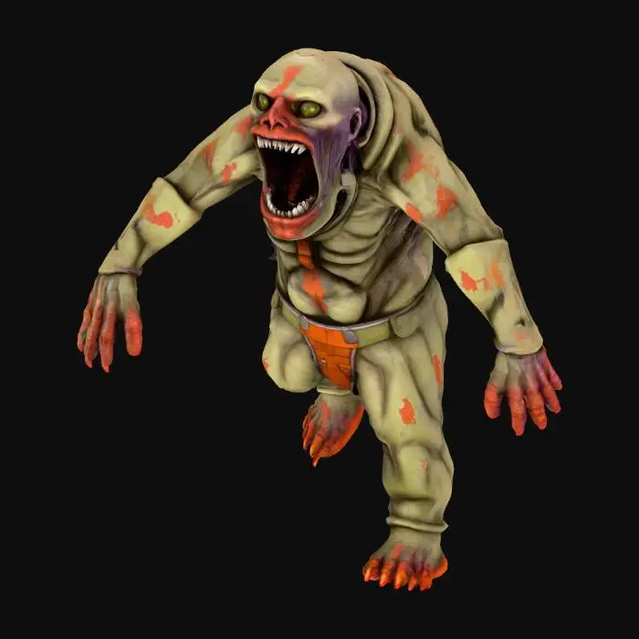 3D model for A stylized 3D humanoid monster named The Mimic, designed for a spooky urban delivery game. The creature should have a shape-shifting silhouette—able to contort into the form of a package, mailbox, or NPC. In its revealed form, it should appear grotesquely humanoid: elongated limbs, warped facial features, and patchwork textures resembling cardboard, metal, or clothing. Include eerie visual cues like flickering skin patterns, glowing glyphs, or twitching appendages that hint at its disguise-breaking transformation. Use a muted, supernatural palette—grimy browns, rusted reds, and shadowy grays—with glowing accents that react to UV light. Optional details: barcode tattoos, distorted delivery logos, or twitching limbs emerging from disguise forms. Designed for third-person gameplay