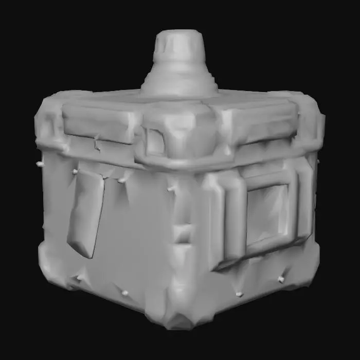 3D model for A stylized 3D decoy package asset designed for a spooky urban delivery game. The box should resemble a standard delivery package but with exaggerated features that hint at its tactical function—reinforced casing, glowing seams, and a pulsing beacon embedded in the surface. Include visual cues like a blinking light, holographic tag, or faint mist to suggest it's emitting heat, sound, or scent to lure monsters. Use a dark, gritty palette—faded cardboard tones with neon accents (red, blue, or green) depending on monster type. Optional details: faction branding, warning stickers, or cursed glyphs etched into the tape. Designed for third-person gameplay with clean topology and animation-ready geometry.