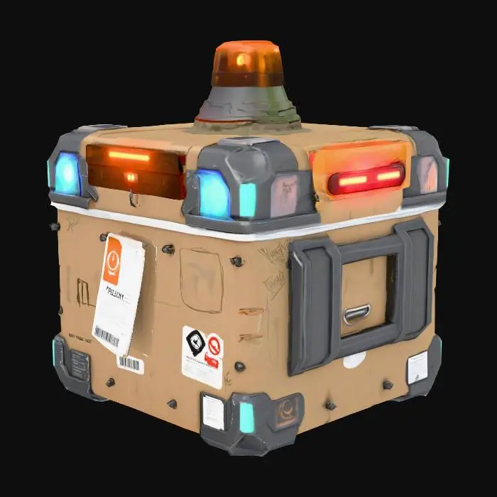3D model for A stylized 3D decoy package asset designed for a spooky urban delivery game. The box should resemble a standard delivery package but with exaggerated features that hint at its tactical function—reinforced casing, glowing seams, and a pulsing beacon embedded in the surface. Include visual cues like a blinking light, holographic tag, or faint mist to suggest it's emitting heat, sound, or scent to lure monsters. Use a dark, gritty palette—faded cardboard tones with neon accents (red, blue, or green) depending on monster type. Optional details: faction branding, warning stickers, or cursed glyphs etched into the tape. Designed for third-person gameplay with clean topology and animation-ready geometry.