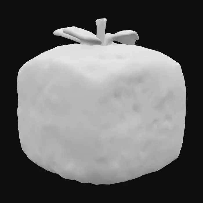 3D model for A detailed 3D model of the Gura Gura no Mi (Quake-Quake Fruit) from One Piece, shaped like a cube. The fruit should have a slightly bumpy, matte surface with bright, glowing cracks and fissures running across all sides, similar to glowing lightning or energy. The base color of the cube should be a light blue with darker blue swirling patterns underneath the cracks. The stem on top should be a light green, leaf-like shape.
