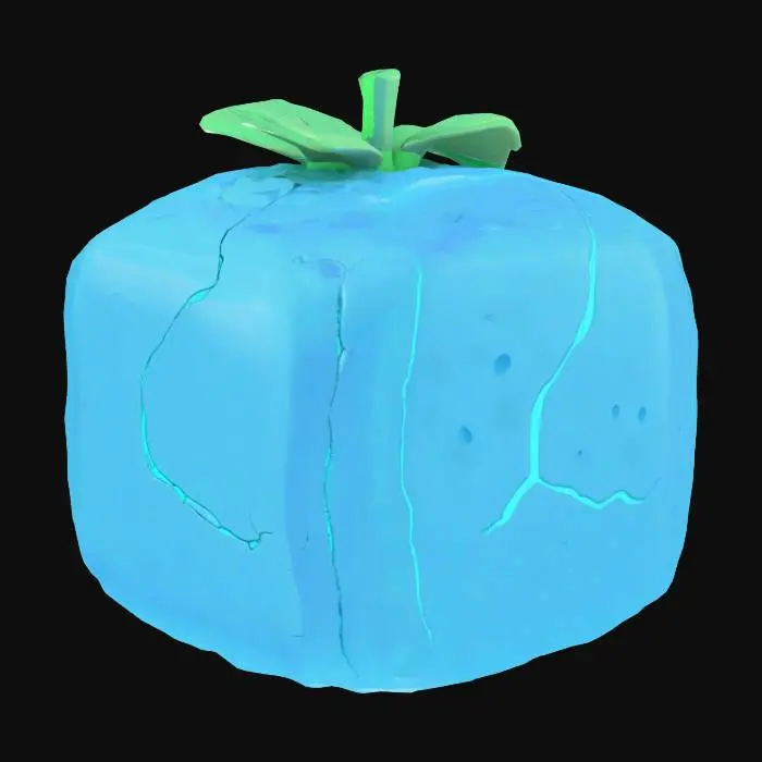 3D model for A detailed 3D model of the Gura Gura no Mi (Quake-Quake Fruit) from One Piece, shaped like a cube. The fruit should have a slightly bumpy, matte surface with bright, glowing cracks and fissures running across all sides, similar to glowing lightning or energy. The base color of the cube should be a light blue with darker blue swirling patterns underneath the cracks. The stem on top should be a light green, leaf-like shape.