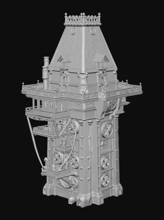 3D model for Génère une tour de 40 mètre de haut de style steam punk avec 3 étage d'arcades et un toit en forme de flèche à son sommet. Il faut ajouter des partie d'habitation en décrochement le long de la tour et une porte monumentale sur le premier étage et sur un seul coté.