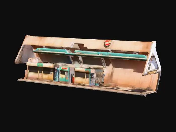 3D model for Desert wasteland gas station with small kiosk. Futuristic but run-down.
