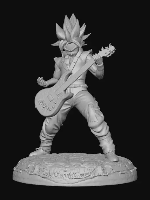 3D model for Buat model 3D Son Goku dari anime Dragon Ball dalam gaya rock metal. Goku tampil dengan rambut Super Saiyan liar yang diberi sentuhan metal, tekstur kasar, dan kilau metalik. Ia mengenakan jaket kulit hitam penuh stud, rantai perak, dan celana robek bergaya rocker. Ekspresinya garang namun karismatik. Tambahkan gitar listrik bergaya heavy metal dengan detail tajam, ukiran naga, serta efek cahaya energi Ki yang mengalir di sekelilingnya. Pose Goku sedang bersiap memainkan riff kuat, dengan aura energi berwarna biru-emas, panggung gelap penuh asap dan cahaya sorot dramatis.