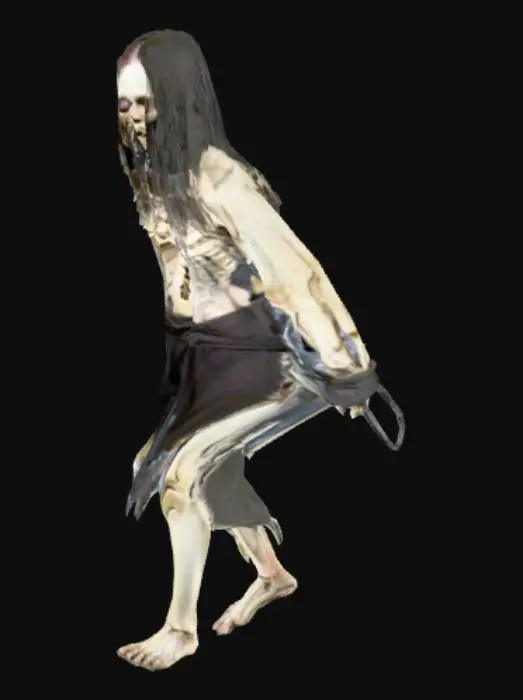 3D model for An emaciated female figure with pale, translucent skin stretched tightly over prominent bones, giving her a gaunt, skeletal appearance. Her eyes are sunken and possess an unnatural, vacant glow, while her mouth is frozen in a silent, elongated snarl, revealing rows of sharp, jagged teeth. Tattered, dark clothing clings to her slender, twisted frame, appearing damp and stained. Her long, stringy black hair hangs matted and damp around her disfigured face. Her clawed fingers are bony and appear perpetually cold.
also i want her full legs means full lady height and not skeleton face and body