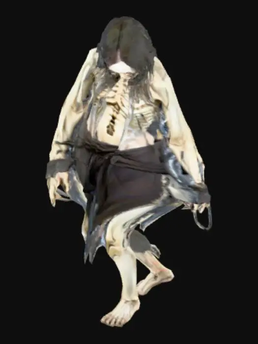 3D model for An emaciated female figure with pale, translucent skin stretched tightly over prominent bones, giving her a gaunt, skeletal appearance. Her eyes are sunken and possess an unnatural, vacant glow, while her mouth is frozen in a silent, elongated snarl, revealing rows of sharp, jagged teeth. Tattered, dark clothing clings to her slender, twisted frame, appearing damp and stained. Her long, stringy black hair hangs matted and damp around her disfigured face. Her clawed fingers are bony and appear perpetually cold.
also i want her full legs means full lady height and not skeleton face and body