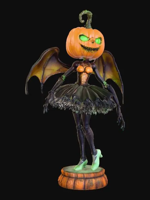3D model for "A bizarre, surreal Halloween 3D figurine combining elements of horror and humor: a pumpkin-headed ballerina with spider legs instead of arms, wearing a gothic tutu made of stitched bat wings. Its eyes glow green with toxic mist, and it balances on a haunted jack-in-the-box base spewing ghostly smoke. The figure should be highly detailed, slightly grotesque, with asymmetrical features and a chaotic, Tim Burton-esque art style. Designed for 3D printing — dynamic pose, clear silhouette, and lots of fine texture."