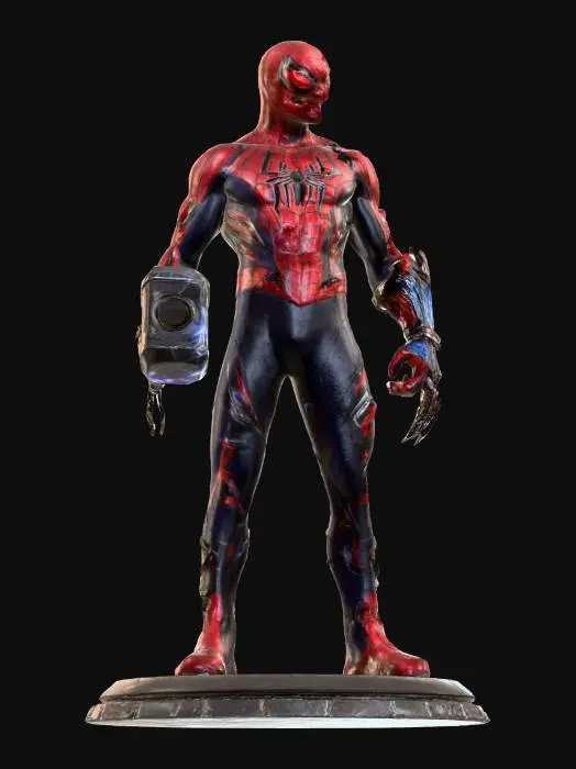 3D model for #Halloween2025#, A Halloween-inspired hybrid character combining Spider-Man, Thor, and Freddy Krueger. The figure wears a dark, tattered version of Spider-Man’s suit with glowing web patterns, wields a thunder-charged clawed glove like Freddy’s but made of enchanted Asgardian metal, and carries a cracked version of Thor’s hammer glowing with eerie lightning. The character stands in a misty, moonlit alley with cobwebs and sparks of magic swirling around. Horror-fantasy atmosphere, cinematic lighting, detailed textures, realistic 3D model style.