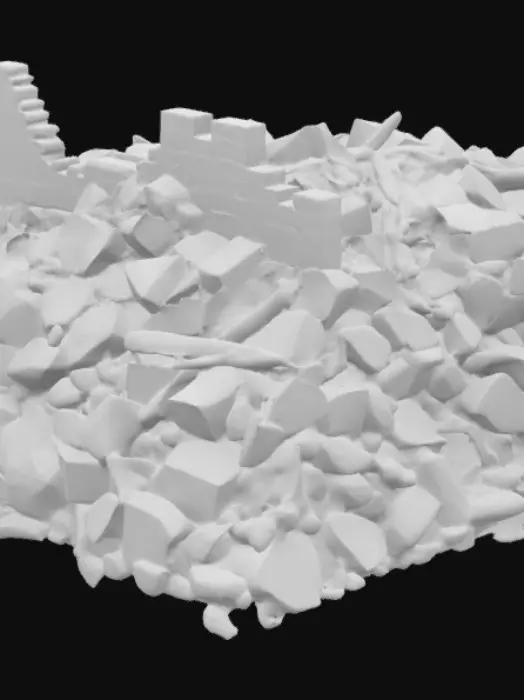 3D model for A realistic pile of destroyed medieval castle rubble comprises a chaotic accumulation of dense, rough-hewn granite and limestone blocks, exhibiting varied sizes from fist-sized chunks to massive, fractured slabs. The surfaces are gritty and abrasive, some displaying remnants of mortar and deep cracks, while others are scoured smooth by weather. Interspersed are splintered, aged oak timbers, their ends charred and splintered, alongside rusted, pitted iron fittings—hinges, nails, and reinforcement bars—twisted into grotesque shapes. Fine, pale dust covers everything, settling in the depressions, giving the heap a desiccated, ancient appearance under muted light.