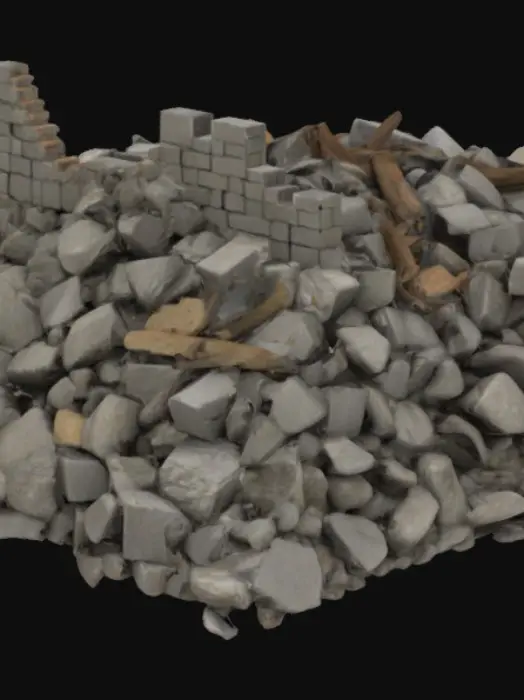 3D model for A realistic pile of destroyed medieval castle rubble comprises a chaotic accumulation of dense, rough-hewn granite and limestone blocks, exhibiting varied sizes from fist-sized chunks to massive, fractured slabs. The surfaces are gritty and abrasive, some displaying remnants of mortar and deep cracks, while others are scoured smooth by weather. Interspersed are splintered, aged oak timbers, their ends charred and splintered, alongside rusted, pitted iron fittings—hinges, nails, and reinforcement bars—twisted into grotesque shapes. Fine, pale dust covers everything, settling in the depressions, giving the heap a desiccated, ancient appearance under muted light.