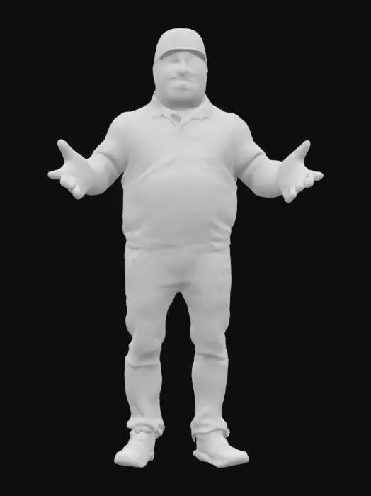 3D model for a realistic stocky man, with ears, wearing a black baseball cap, a polo shirt jeans, sneakers with both arms extended forward, hands down like hes pushing something
arms at a 90 degree angle palms down
less fat
wrists turned so palms are facing to the floor