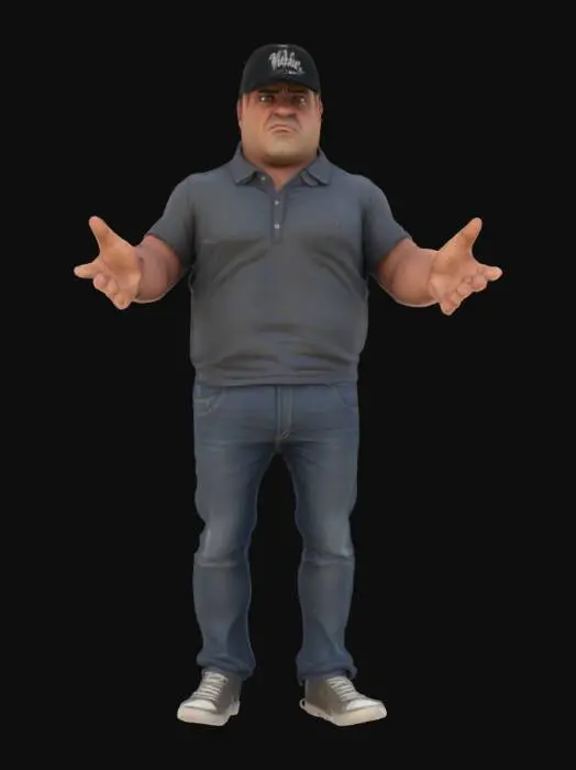 3D model for a realistic stocky man, with ears, wearing a black baseball cap, a polo shirt jeans, sneakers with both arms extended forward, hands down like hes pushing something
arms at a 90 degree angle palms down
less fat
wrists turned so palms are facing to the floor