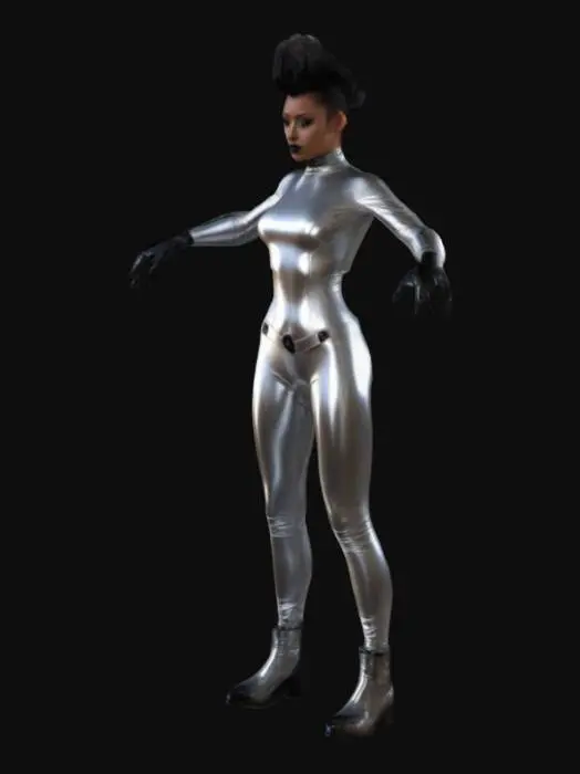 3D model for realistic sci-fi silver latex girl, silver suit, black mohawk, brown eyes, black skin.