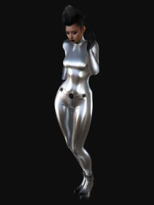 3D model for realistic sci-fi silver latex girl, silver suit, black mohawk, brown eyes, black skin.