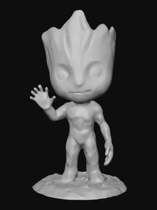 3D model for Create a highly detailed, movie-accurate model of baby Groot standing on a small circular base, one hand raised in a friendly wave. Groot has expressive eyes and detailed bark textures all over. The model is watertight and optimized for FDM 3D printing, with no fragile or thin parts, and is printable without supports.