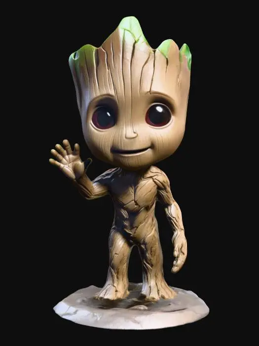 3D model for Create a highly detailed, movie-accurate model of baby Groot standing on a small circular base, one hand raised in a friendly wave. Groot has expressive eyes and detailed bark textures all over. The model is watertight and optimized for FDM 3D printing, with no fragile or thin parts, and is printable without supports.