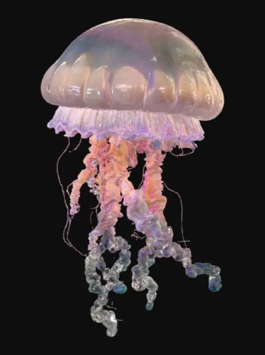 3D model for "A mesmerizing bioluminescent jellyfish floating gracefully in the deep ocean, its bell pulsating gently while long, translucent tentacles sway in slow, elegant waves. The jellyfish emits a soft, ethereal glow in shades of neon blue and green, illuminating the surrounding water with sparkling particles and light reflections. Motion is captured realistically, showing fluid underwater currents, gentle drifting, and rhythmic pulsations of the jellyfish. Ultra-detailed, realistic textures, cinematic lighting, magical deep-sea atmosphere, high-resolution, suitable for VR animation or 3D modeling."