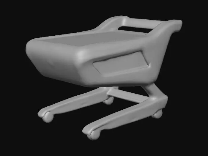 3D model for "A futuristic, highly detailed hovering shopping cart with glowing anti-gravity thrusters that keep it afloat. The cart has a sleek metallic alloy frame with smooth curves, sharp edges, and glowing neon-blue accents. On top sits a large transparent holographic screen that displays shopping lists, product details, and navigation. The basket has modular compartments with smart-lock storage for fragile goods. Ergonomic handles include touch controls and biometric sensors. Subtle cyberpunk-inspired details, glowing trim lines, and a premium Apple-like finish. Photorealistic, sci-fi concept, ultra high-quality with detailed textures."