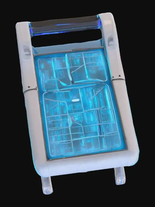 3D model for "A futuristic, highly detailed hovering shopping cart with glowing anti-gravity thrusters that keep it afloat. The cart has a sleek metallic alloy frame with smooth curves, sharp edges, and glowing neon-blue accents. On top sits a large transparent holographic screen that displays shopping lists, product details, and navigation. The basket has modular compartments with smart-lock storage for fragile goods. Ergonomic handles include touch controls and biometric sensors. Subtle cyberpunk-inspired details, glowing trim lines, and a premium Apple-like finish. Photorealistic, sci-fi concept, ultra high-quality with detailed textures."