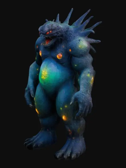 3D model for a life-size 10-meter high Giant sludge kaiju, ヘドラaka Hedorah. Ornate putrid skin flaps. ヘドラ is towering over a large pollution factory model decorated with fiber-optics for Winter Solstice. The creature is made of colored glass and its anatomy can be seen encased with in its smooth glass body. #ChristmasAdventure#