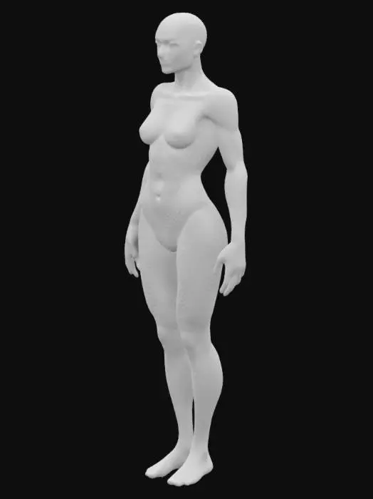 3D model for "A futuristic netrunner with a sleek, athletic build, posed dynamically as if preparing to jack into cyberspace. She stands with one foot slightly forward, weight shifted onto her back leg, exuding agility and readiness. Her cybernetic-enhanced arms are positioned gracefully, one slightly raised as if controlling an invisible interface, the other resting near her side. Her spine is slightly arched, accentuating her ghostly speed and precision. She wears a form-fitting black bodysuit